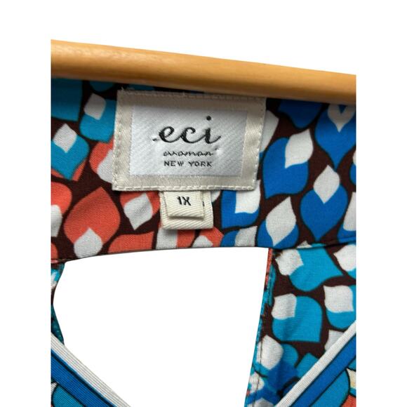 ECI New York 1X Floral V Neck Top 3/4 Sleeve Keyhole Back Side Zip Plus Size - Picture 4 of 9